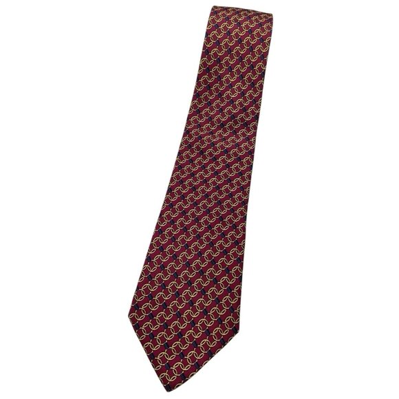 HERMÈS Men's 100% Silk Necktie LUXURY Tie 976 SA Burgundy Gold Chain W:3.2" EUC - Picture 1 of 5